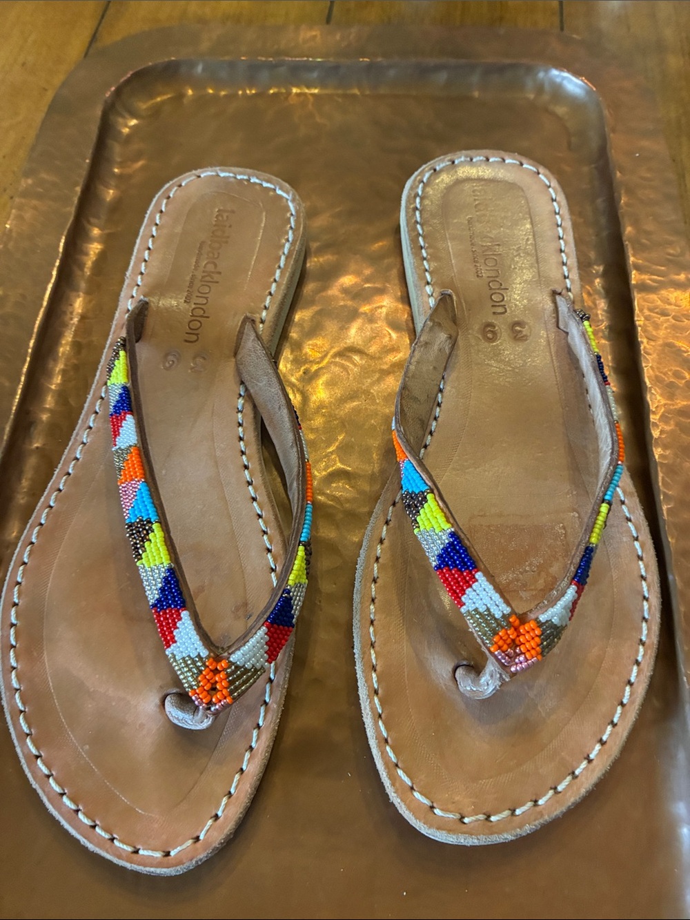 Leather Beaded Thong Sandals in Multicolor Beadwork